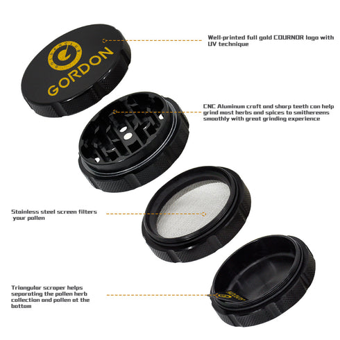 Gordon 4 Lay Aluminum Alloy Herb Grinder, Black 60 mm Smoker Grinder, Easy Clean Herb Grinders